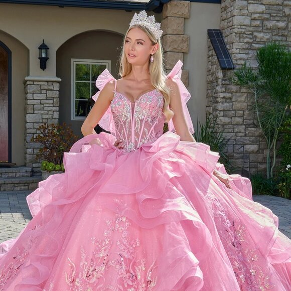 New Pink Dazzling Rhinestones Embellished Ruffled Quinceanera Tulle Gown GL3804 - Picture 4 of 14